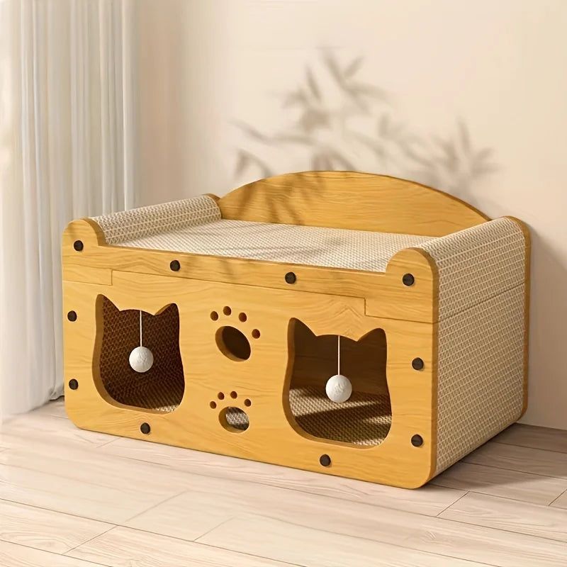 Cat Scratcher Lounge with Wooden Frame & Play Balls - Pet Bliss