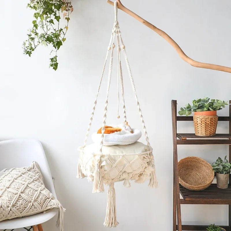 Macrame Hanging Cat Hammock – Boho Bliss for Your Furry Friend! 🌿🧶 - Pet Bliss