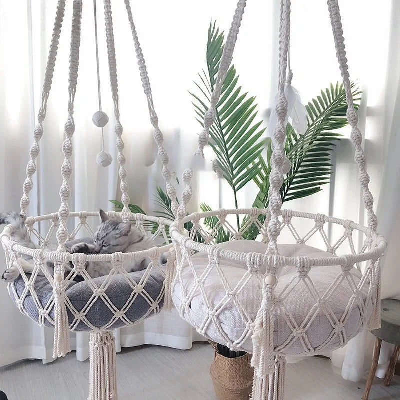 Macrame Hanging Cat Hammock – Boho Bliss for Your Furry Friend! 🌿🧶 - Pet Bliss