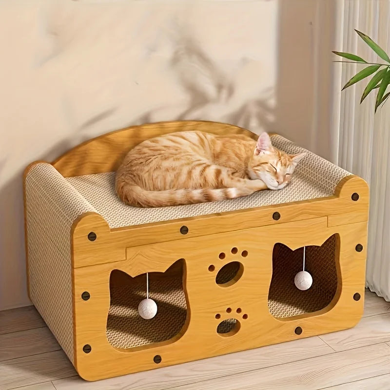 Cat Scratcher Lounge with Wooden Frame & Play Balls - Pet Bliss