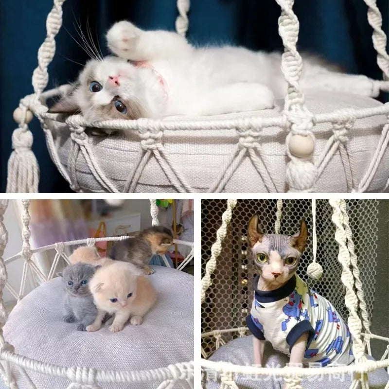 Macrame Hanging Cat Hammock – Boho Bliss for Your Furry Friend! 🌿🧶 - Pet Bliss